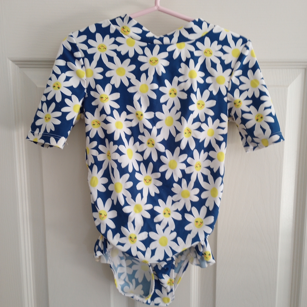 Floral Daisy Rashguard Swimsuit Carter's 4T Blue White and Yellow. Ruffle accent